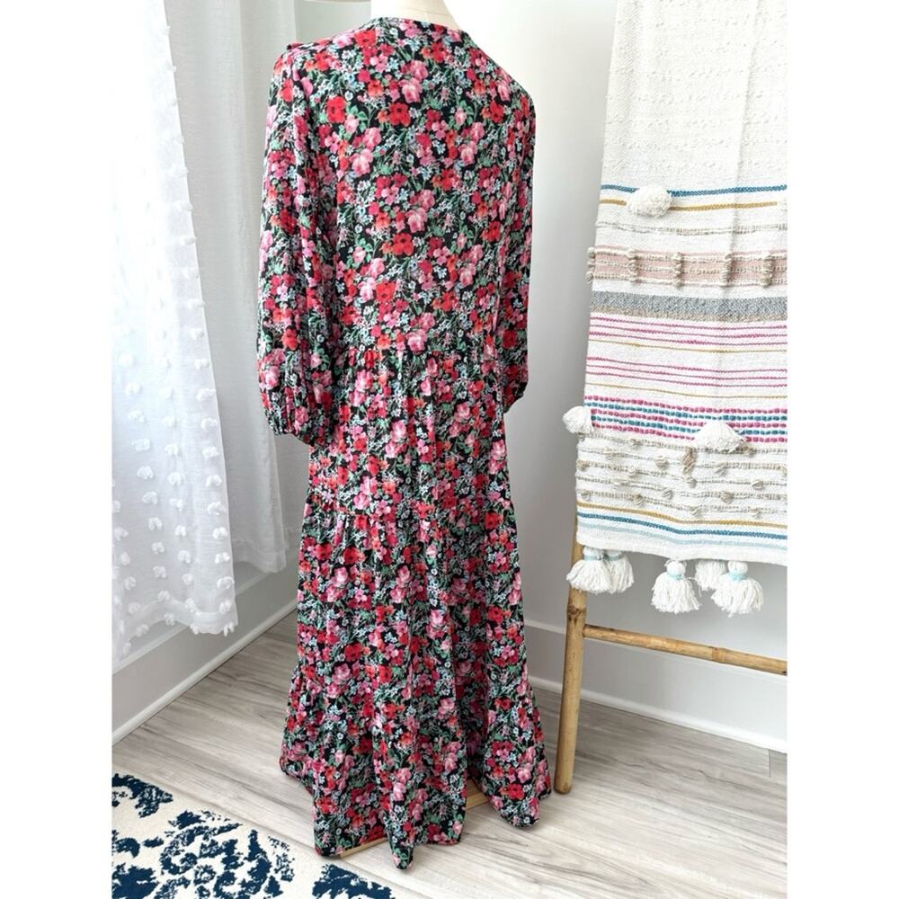 Zara Red Pink Black Green Floral Long Balloon Sleeves Midi Dress Women’s Small - Picture 4 of 12